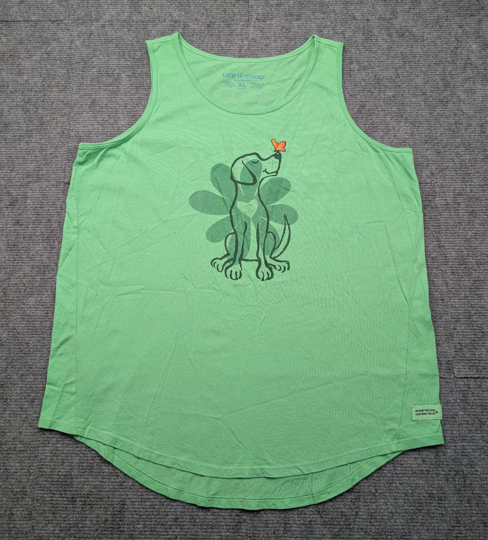 Life Is Good Tank Top Womens XL Crusher Lite Green Dog Lover Gift Floral Happy